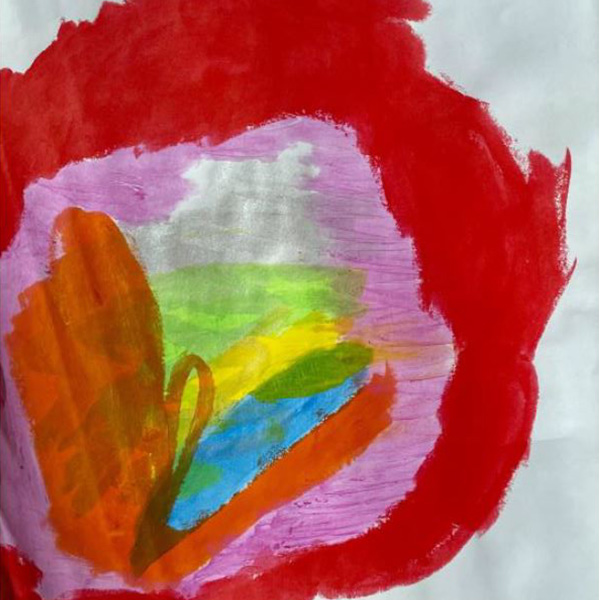 Abstract art painted by a pediatric cancer represents all the emotions “swirling” inside of him. The colors form a loose circle, with a thick band of red on the outside. The next ring is pink, with swaths of orange, blue, yellow, green and white inside the circle.