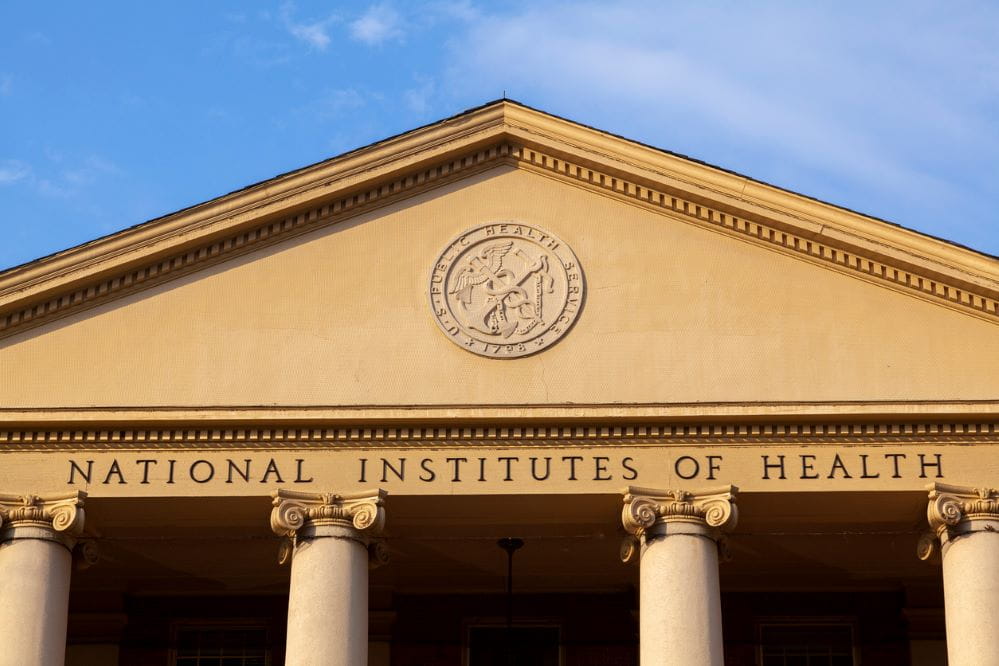 Exterior view of the main historic building (Building 1) of National Institutes of Health (NIH) inside Bethesda campus.