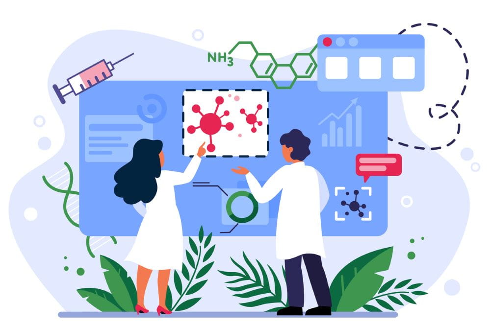 Medical scientists studying corona virus pandemic infographics. Doctors analyzing Covid 2019 outbreak dynamics. Chemists doing lab researches of coronavirus infection spread. Flat vector illustration.