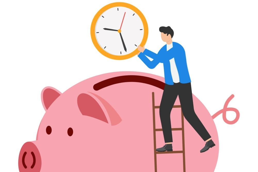 Time is money, people pay money to buy time that most important for success in financial goals concept, success man using ladder to climb and holding big clock or watch put into pink saving piggy bank.